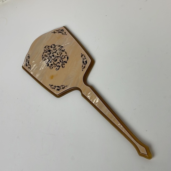 Vanity Mirror 13” Long Yellow Cream Black Celluloid Art Deco - Picture 8 of 10